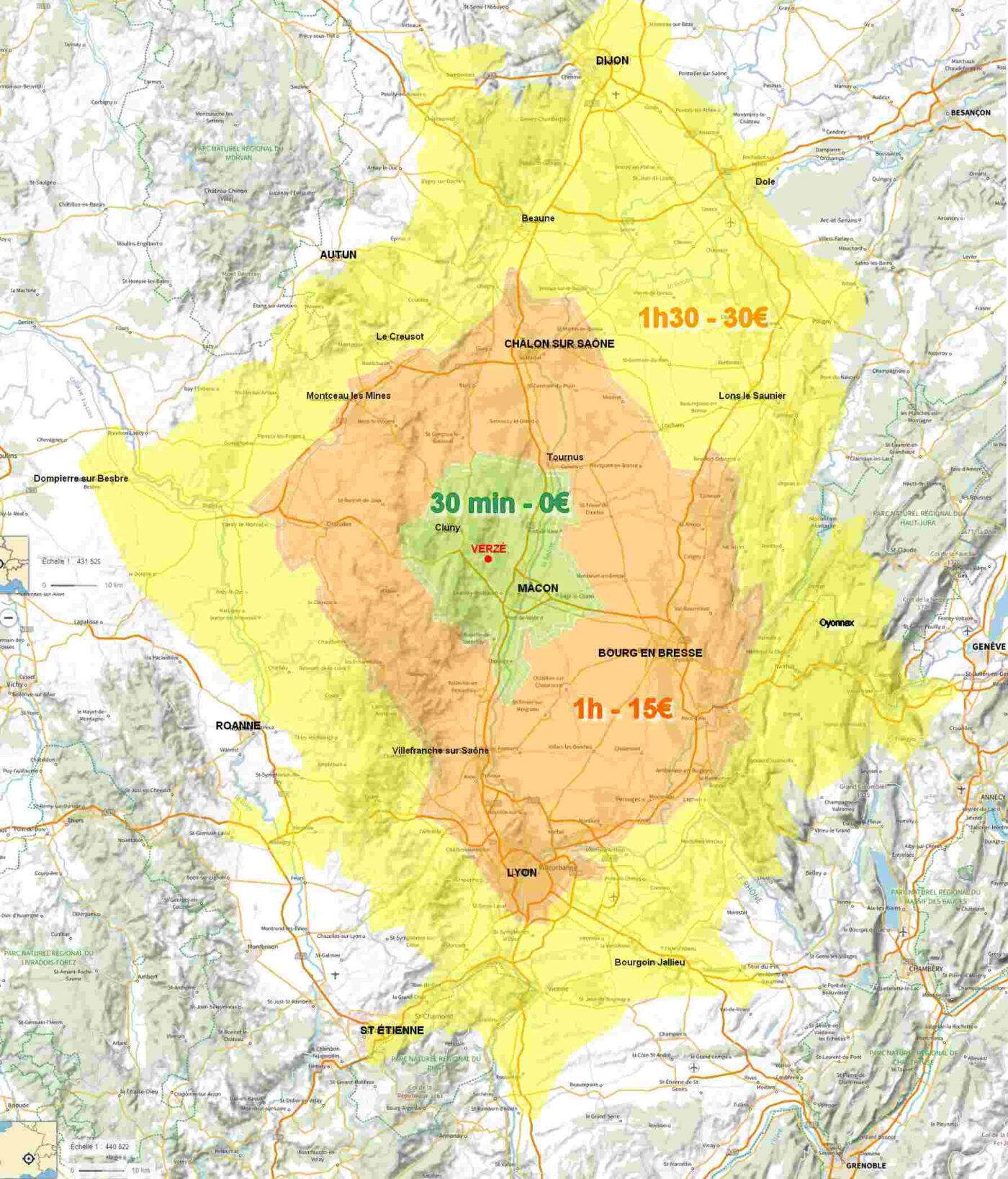 Principales zones de déplacement en Bourgogne